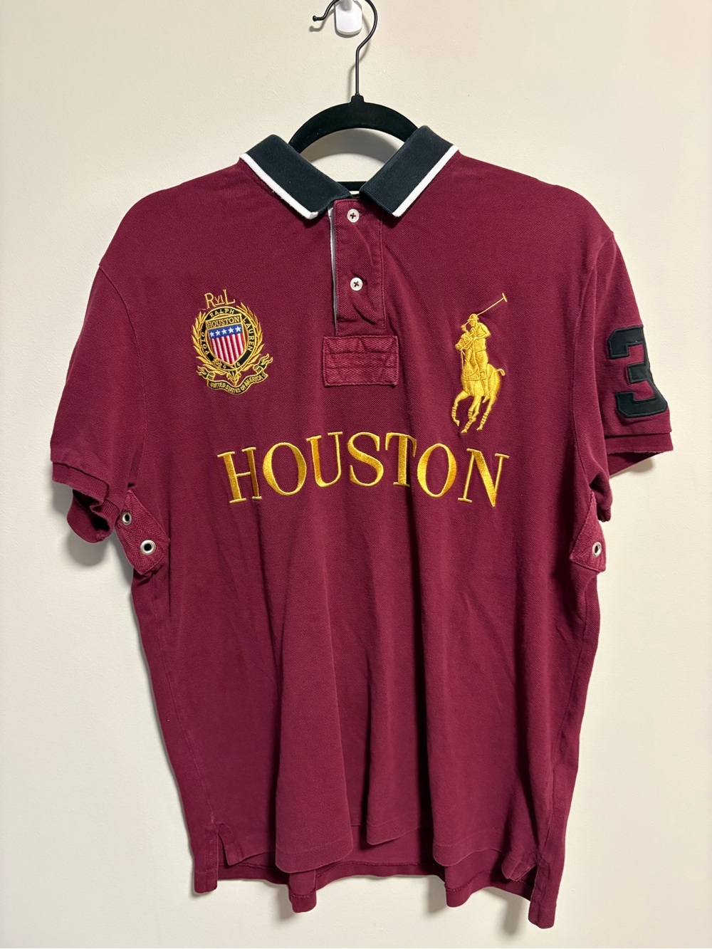 Polo Ralph Lauren Shirt Men Large 3 Houston Custom Slim Fit Big Pony Crest Patch